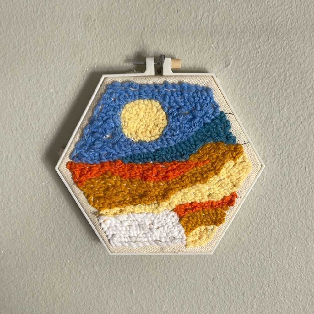 Punchneedle sunset scene wall hanging 7in